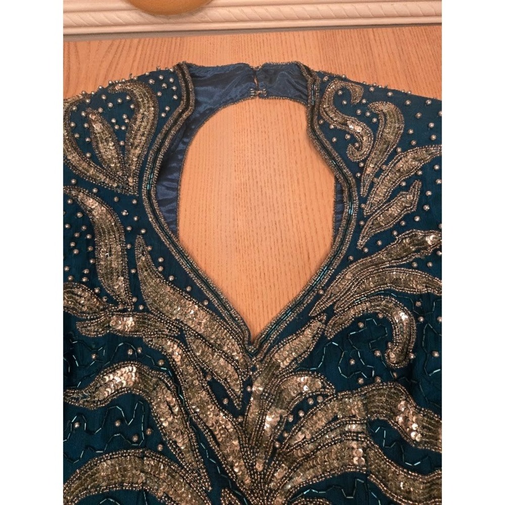 Vintage Silk Beaded Sequin Maxi Dress Teal Gold Keyhole Back Evening Gown Size L - Picture 6 of 13